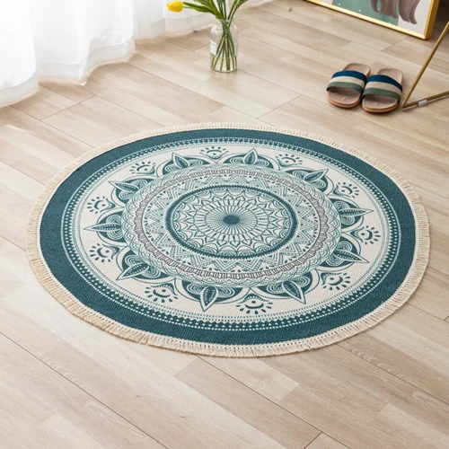 Circular area rug with detailed accents, made for luxury Dubai homes.