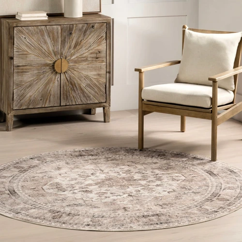 Circular washable rug from the Keyara collection, featuring spill-proof technology