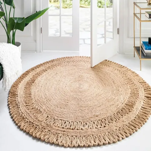 Eco-friendly circular jute rug featuring rustic and earthy tones.