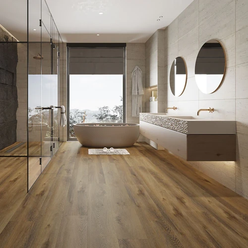 Modern vinyl flooring in a Dubai living area with herringbone pattern-ice