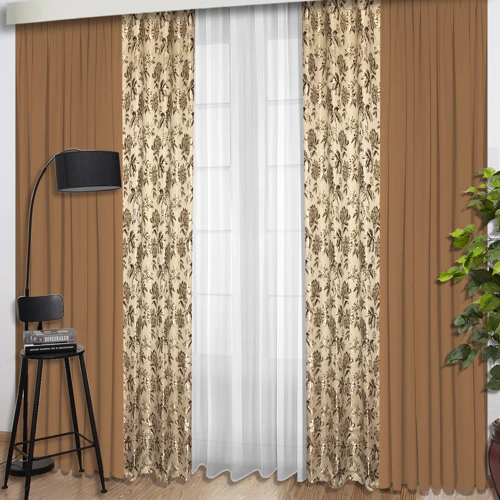 Brown and floral motorized curtains in a living room.