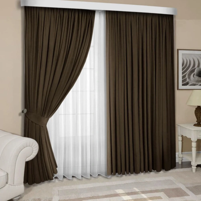 Brown and white layered curtains for living room.