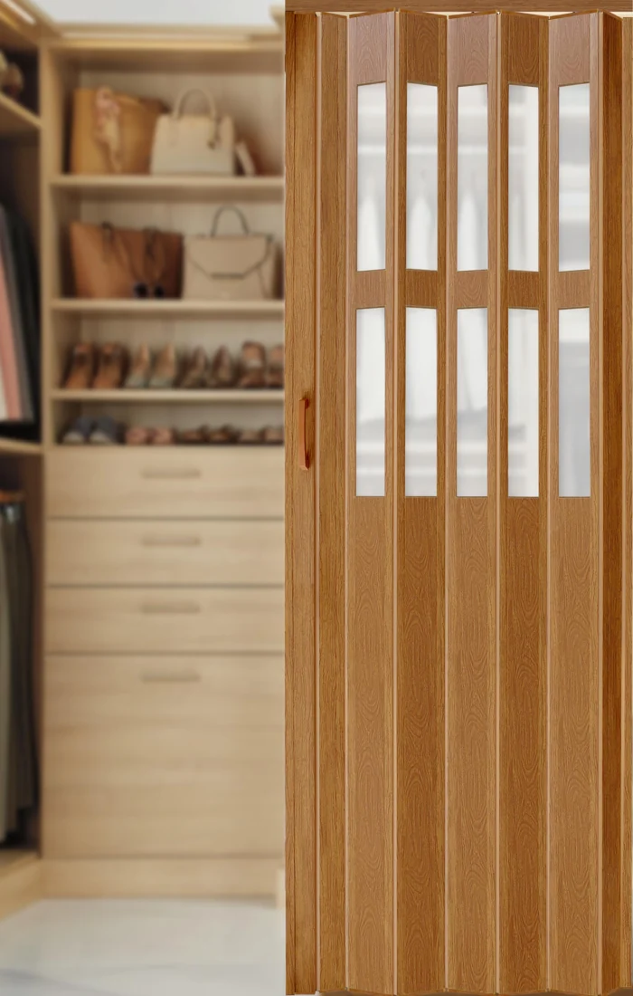 Durable PVC folding door for space-saving room dividers and closet entrances.