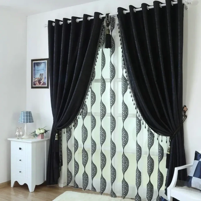 Elegant black and white layered curtains design.