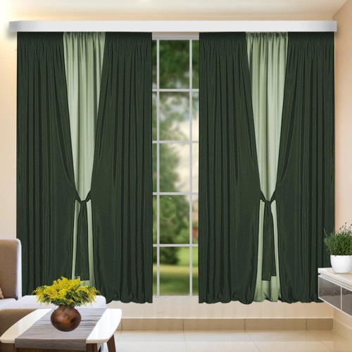Green and light green curtains in a living room.