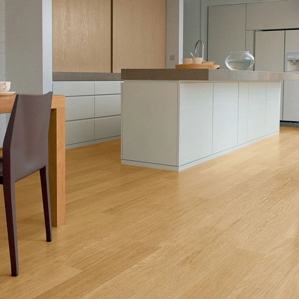 Light oak laminate flooring with minimalist decor