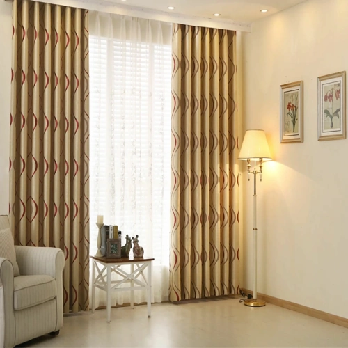 Living room with beige and red patterned motorized curtains
