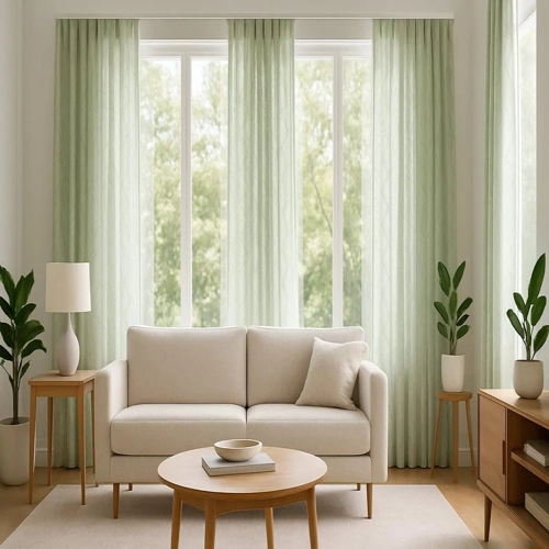Living room with light green cotton sheer curtains.