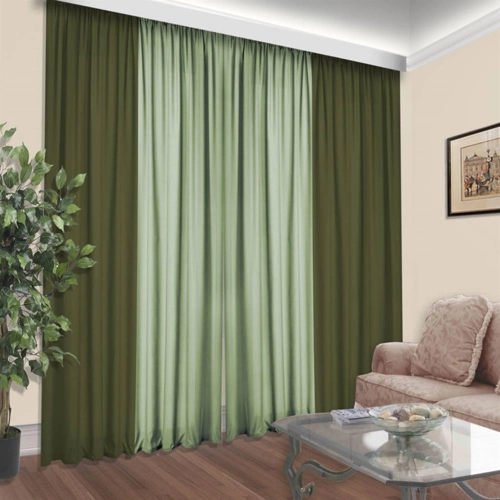 Living room with olive and light green curtains.