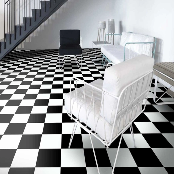 PVC flooring in checkerboard black white