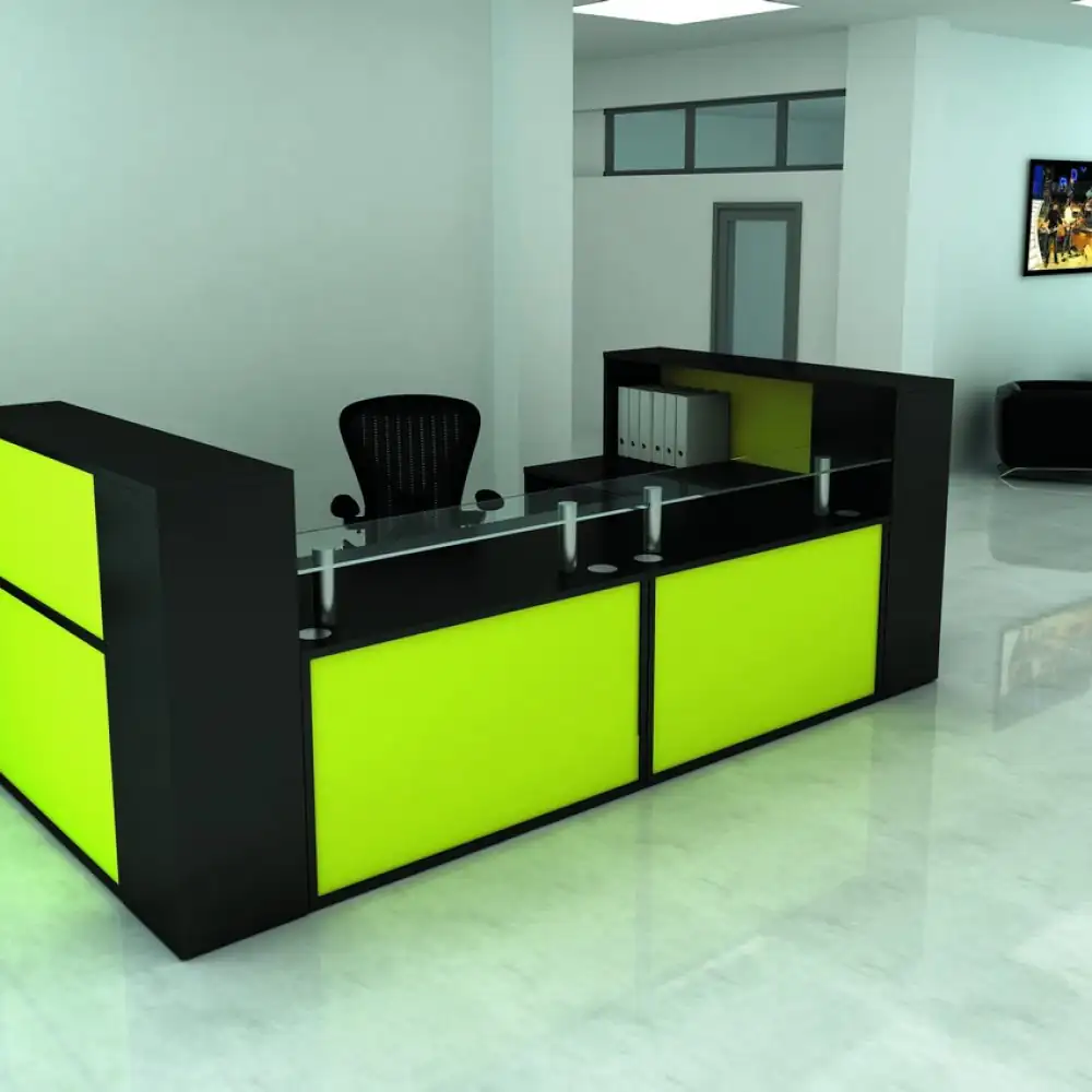 A striking office reception desk with a black and bright neon yellow design.