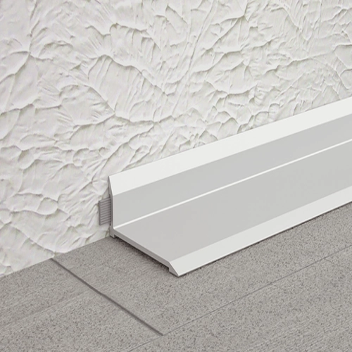 Light gray aluminum skirting with a unique, sloped profile and a distinct horizontal accent groove.