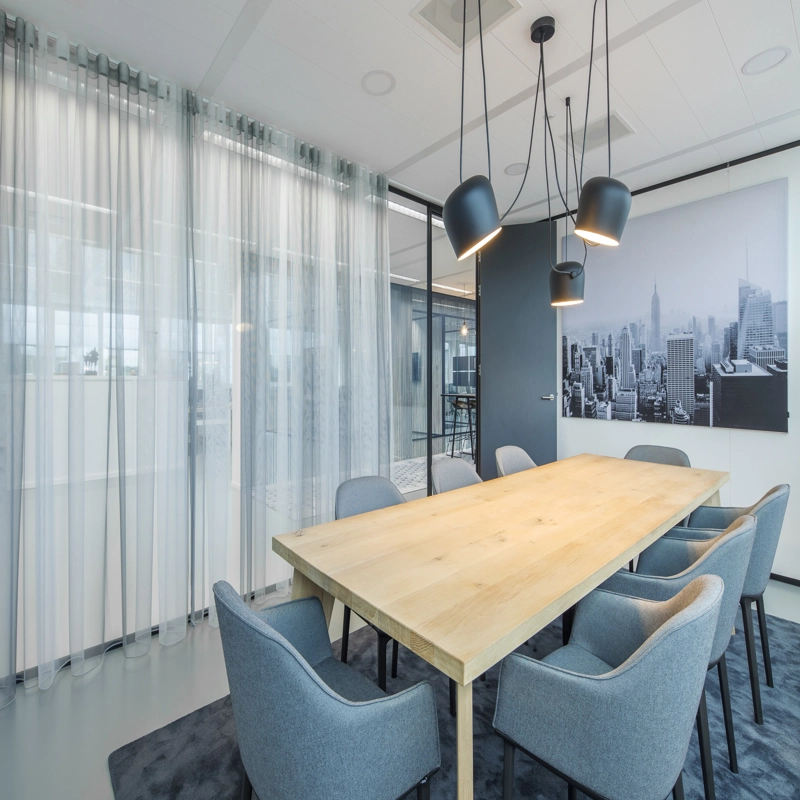 Modern office with sheer silk curtains