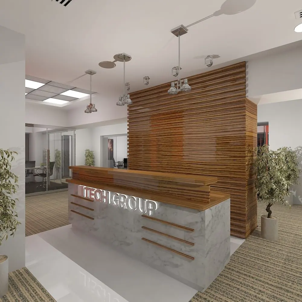 Modern tech office reception with a marble and wood desk, horizontal wood slat wall.