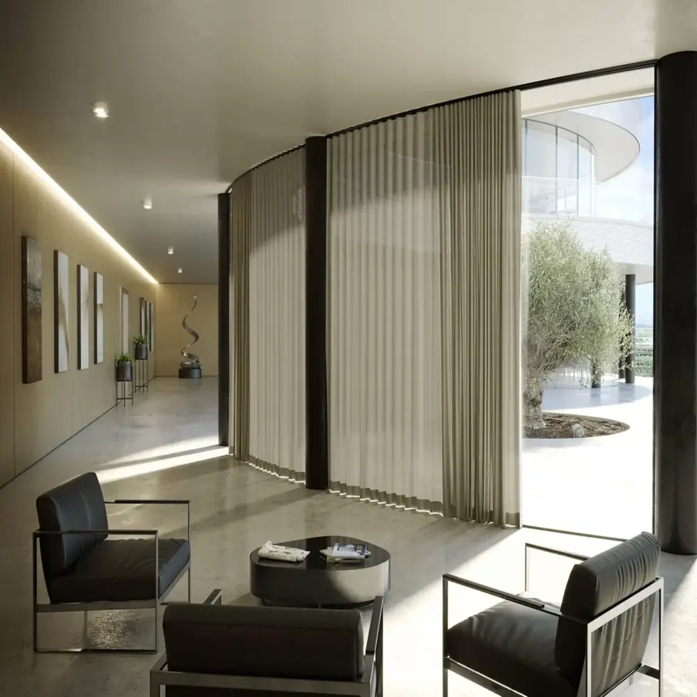 Office acoustic curtains – sound-absorbing drapes perfect for open-plan workspaces and meeting areas.