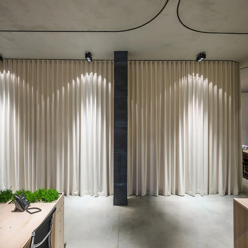 Office with cream silk curtains