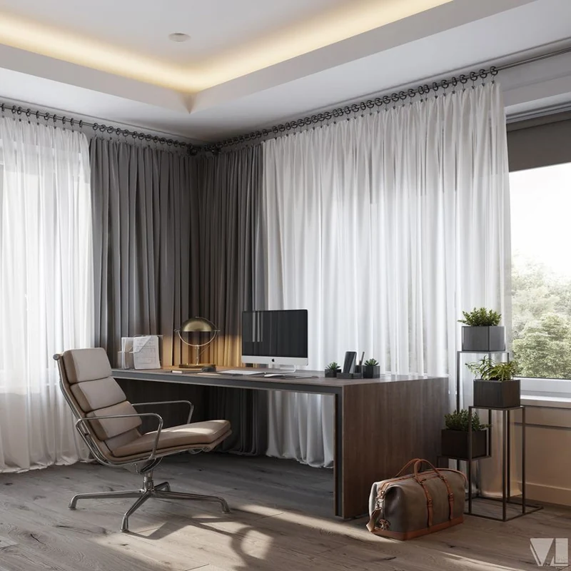 Office with gray and white silk curtains