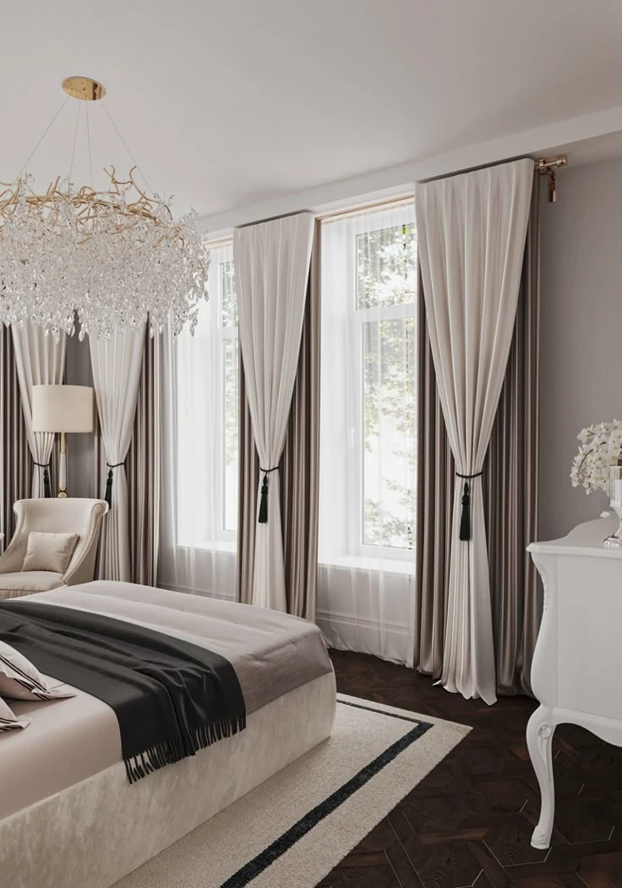Velvet bedroom curtains for royal interior look in Dubai villas